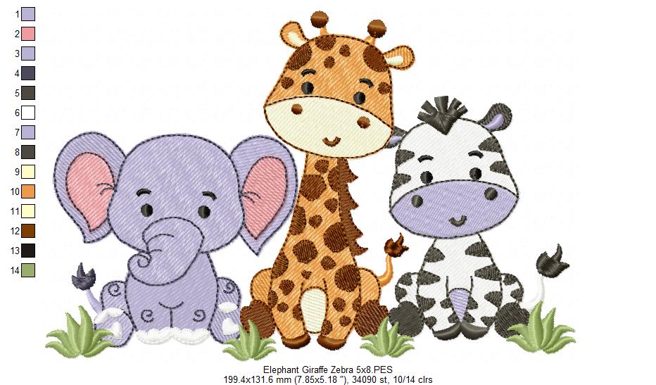 Animals Safari Elephant, Giraffe and Zebra - Fill Stitch - Machine Embroidery Design