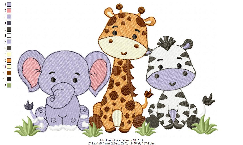 Animals Safari Elephant, Giraffe and Zebra - Fill Stitch - Machine Embroidery Design