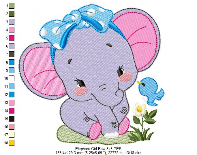 Elephant Girl with Bow - Fill Stitch - Machine Embroidery Design