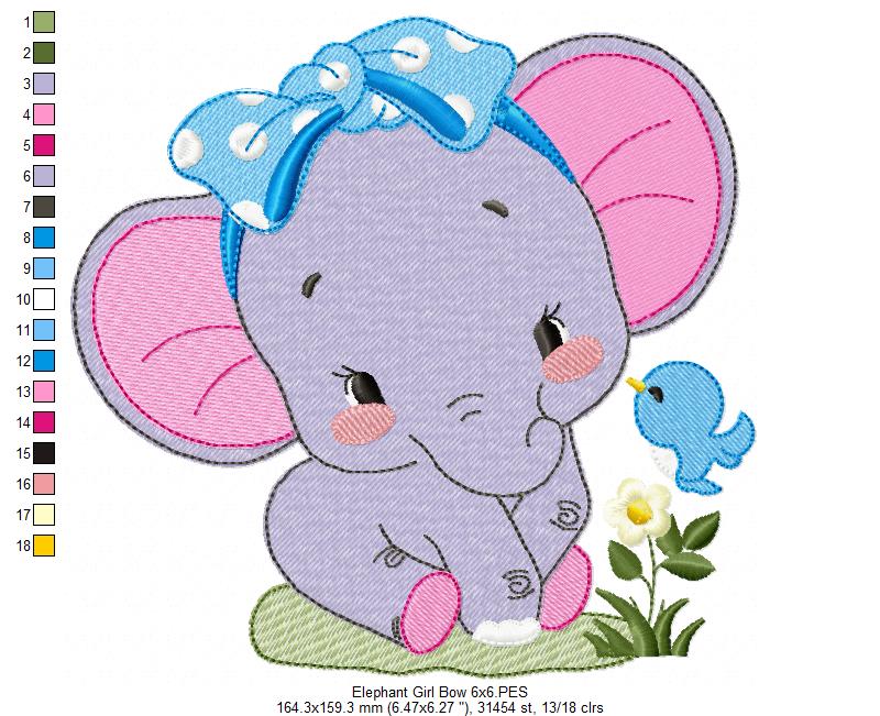 Elephant Girl with Bow - Fill Stitch - Machine Embroidery Design