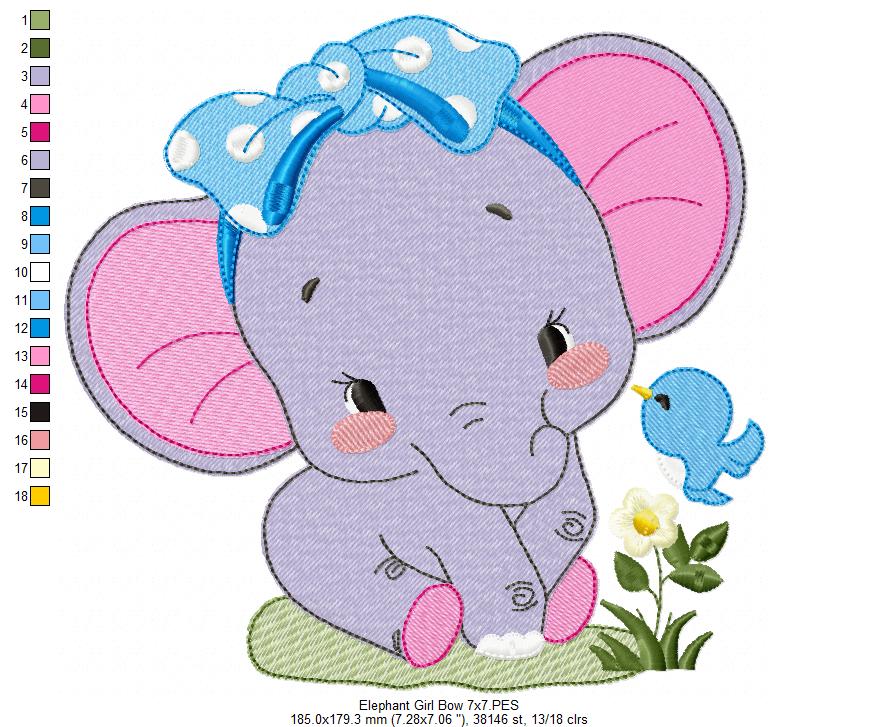 Elephant Girl with Bow - Fill Stitch - Machine Embroidery Design