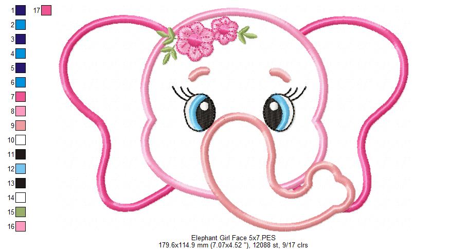 Elephant Face Girl - Applique - Machine Embroidery Design