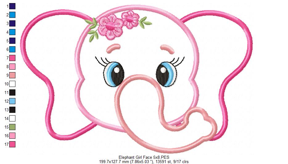 Elephant Face Girl - Applique - Machine Embroidery Design
