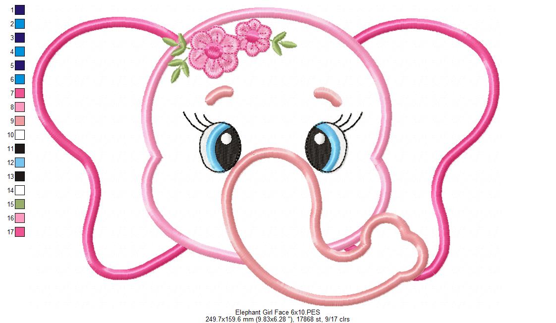 Elephant Face Girl - Applique - Machine Embroidery Design