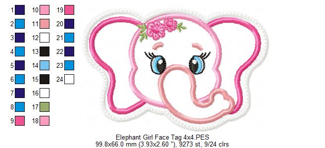 Elephant Girl Face Tag - ITH Project - Machine Embroidery Design