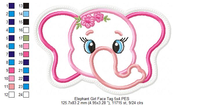 Elephant Girl Face Tag - ITH Project - Machine Embroidery Design