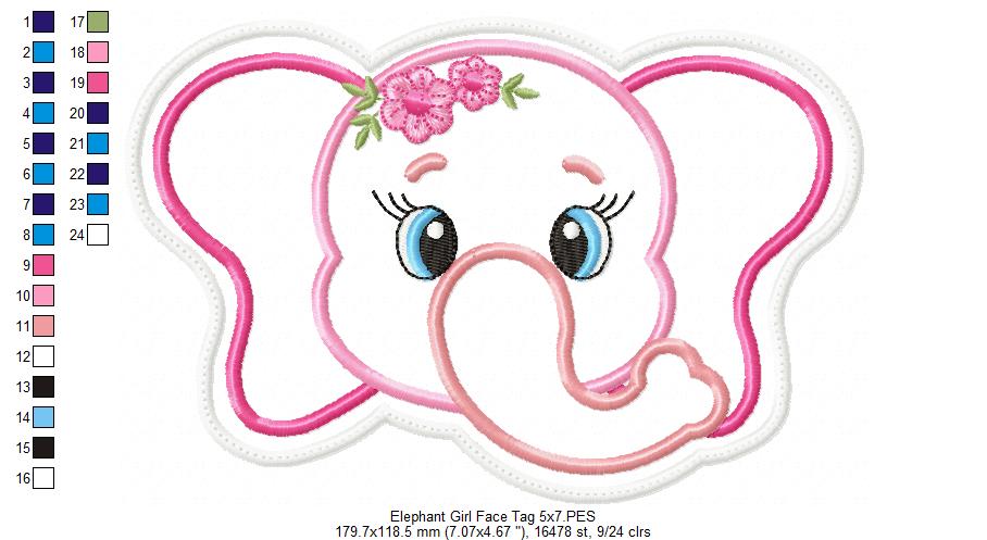 Elephant Girl Face Tag - ITH Project - Machine Embroidery Design