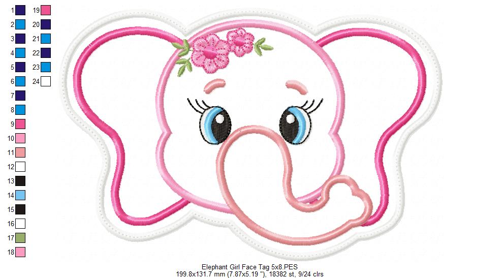 Elephant Girl Face Tag - ITH Project - Machine Embroidery Design