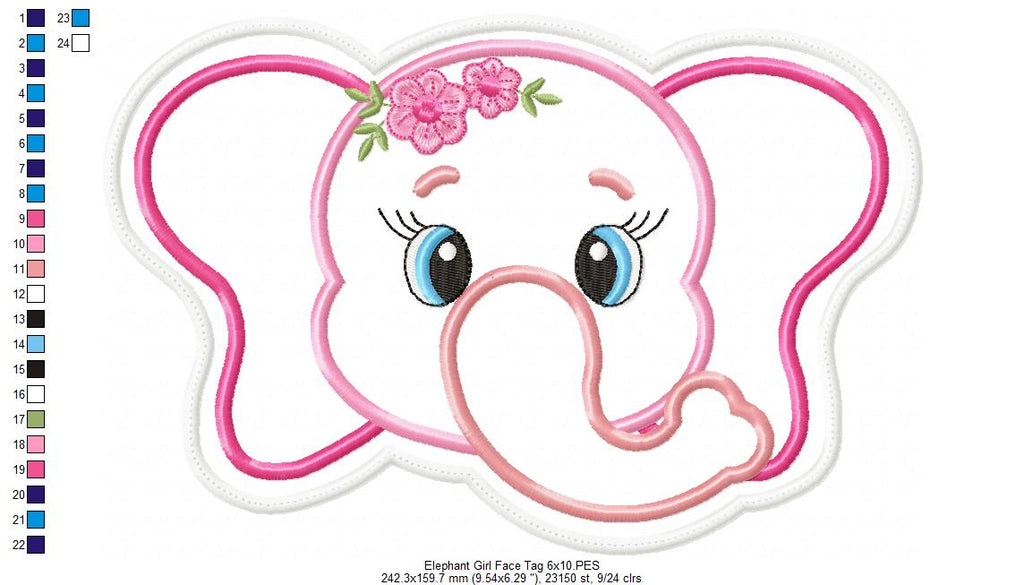 Elephant Girl Face Tag - ITH Project - Machine Embroidery Design