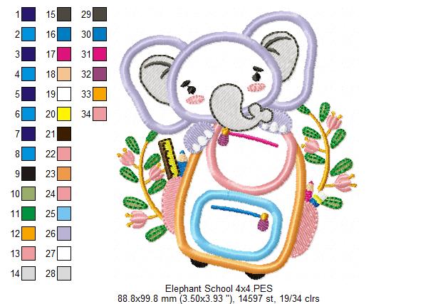 Back to School Elephant - Applique - Machine Embroidery Design