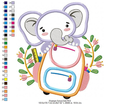 Back to School Elephant - Applique - Machine Embroidery Design