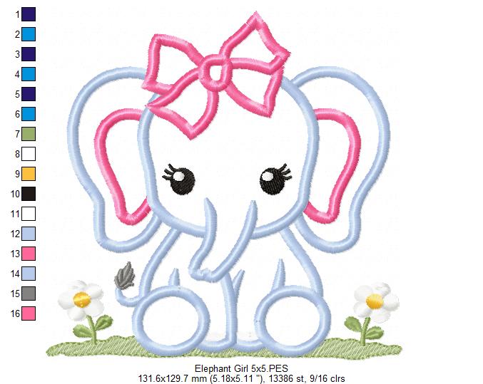 Baby Elephant Girl - Applique - Machine Embroidery Design