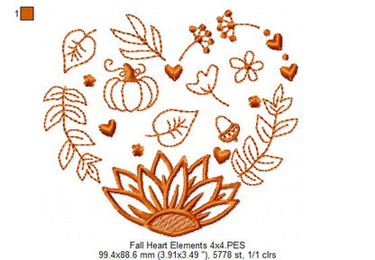 Fall Heart Elements - Fill Stitch Machine Embroidery Design