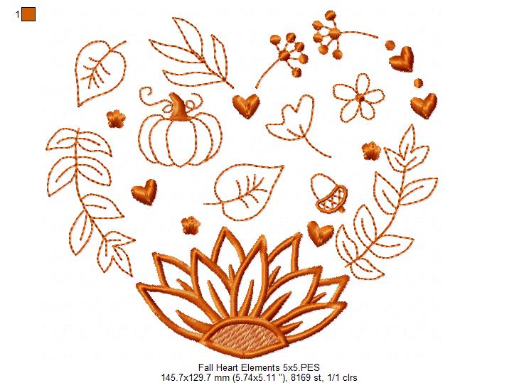 Fall Heart Elements - Fill Stitch Machine Embroidery Design