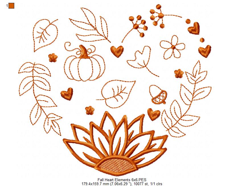 Fall Heart Elements - Fill Stitch Machine Embroidery Design