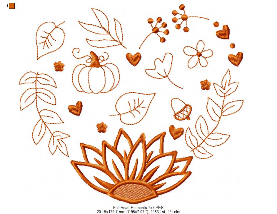 Fall Heart Elements - Fill Stitch Machine Embroidery Design