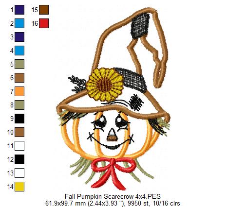 Cute Pumpkin Fall Scarecrow - Applique - Machine Embroidery Design