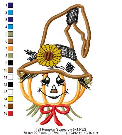 Cute Pumpkin Fall Scarecrow - Applique - Machine Embroidery Design