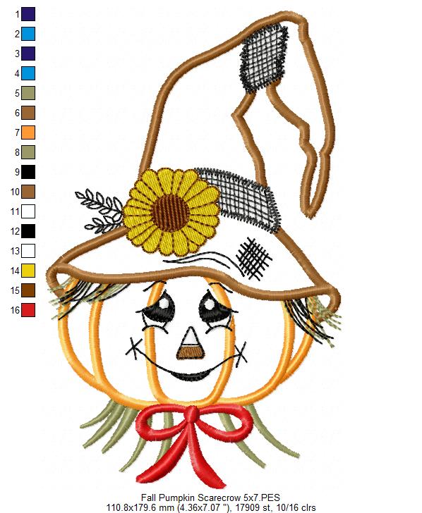 Cute Pumpkin Fall Scarecrow - Applique - Machine Embroidery Design