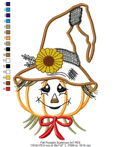 Cute Pumpkin Fall Scarecrow - Applique - Machine Embroidery Design