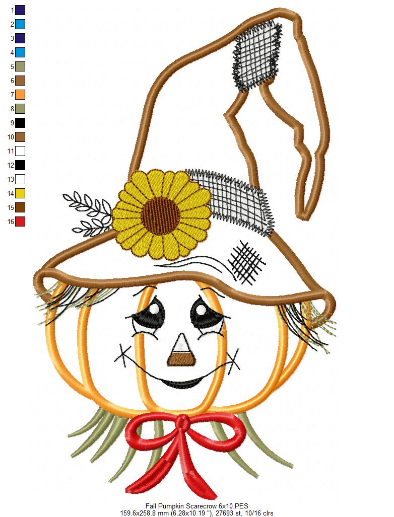 Cute Pumpkin Fall Scarecrow - Applique - Machine Embroidery Design