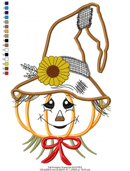 Cute Pumpkin Fall Scarecrow - Applique - Machine Embroidery Design