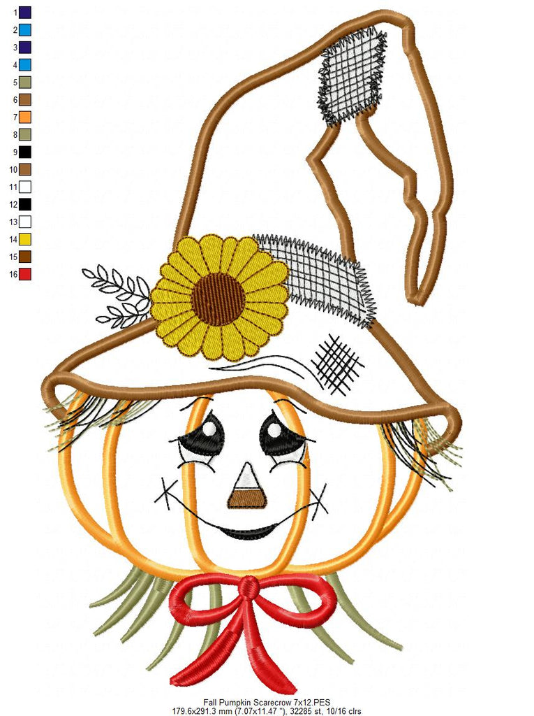 Cute Pumpkin Fall Scarecrow - Applique - Machine Embroidery Design