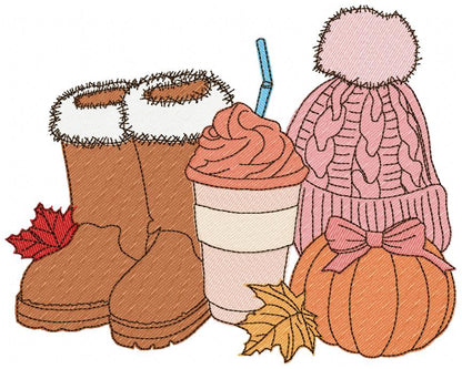 Cozy Autumn Boots Coffee Pumpkin Hat – Fill Stitch – Machine Embroidery Design