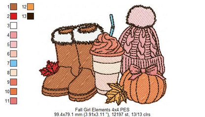 Cozy Autumn Boots Coffee Pumpkin Hat – Fill Stitch – Machine Embroidery Design
