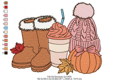 Cozy Autumn Boots Coffee Pumpkin Hat – Fill Stitch – Machine Embroidery Design