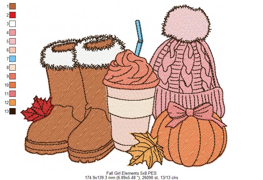 Cozy Autumn Boots Coffee Pumpkin Hat – Fill Stitch – Machine Embroidery Design