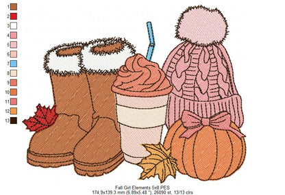 Cozy Autumn Boots Coffee Pumpkin Hat – Fill Stitch – Machine Embroidery Design