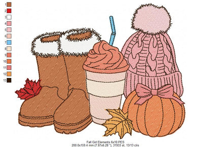 Cozy Autumn Boots Coffee Pumpkin Hat – Fill Stitch – Machine Embroidery Design