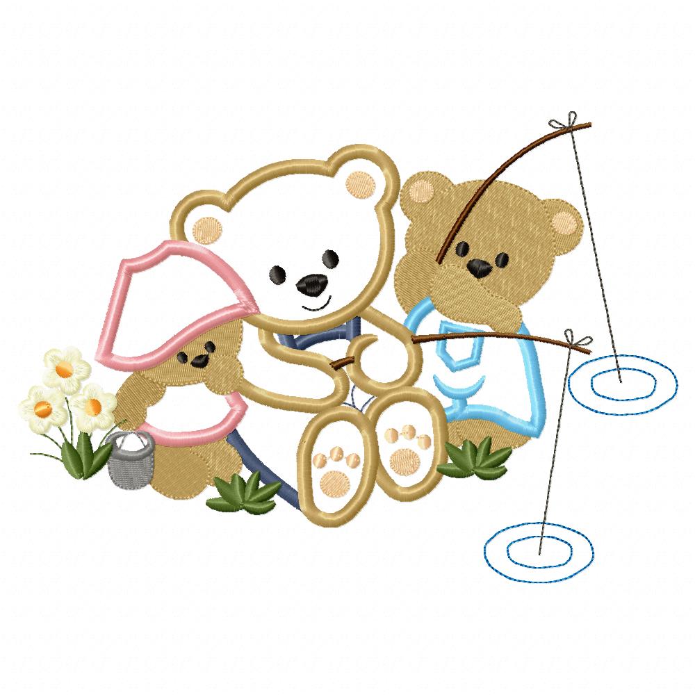 Family of Bears Fishing - Applique - Machine Embroidery Design