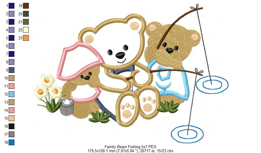 Family of Bears Fishing - Applique - Machine Embroidery Design