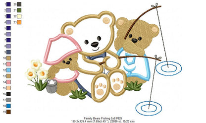 Family of Bears Fishing - Applique - Machine Embroidery Design