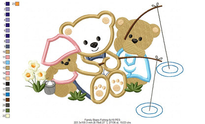 Family of Bears Fishing - Applique - Machine Embroidery Design