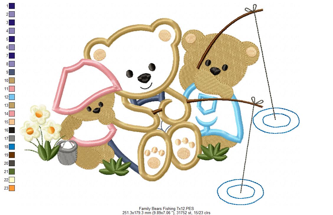 Family of Bears Fishing - Applique - Machine Embroidery Design