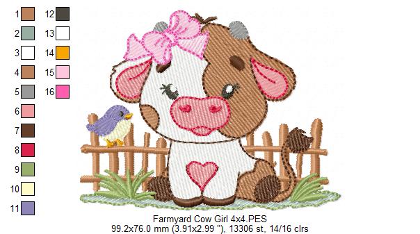 Adorable Farm Girl Cow in Front of Fence - Fill Stitch - Machine Embroidery Design