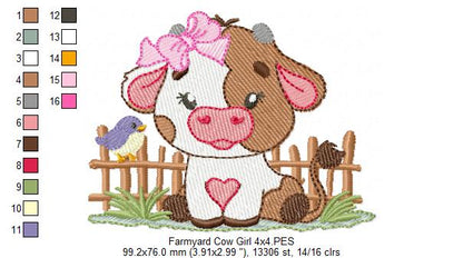 Adorable Farm Girl Cow in Front of Fence - Fill Stitch - Machine Embroidery Design