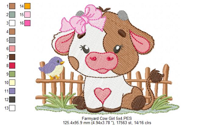 Adorable Farm Girl Cow in Front of Fence - Fill Stitch - Machine Embroidery Design