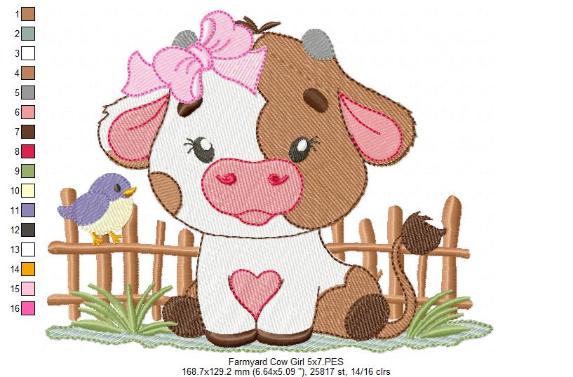 Adorable Farm Girl Cow in Front of Fence - Fill Stitch - Machine Embroidery Design