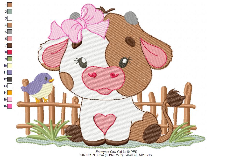 Adorable Farm Girl Cow in Front of Fence - Fill Stitch - Machine Embroidery Design