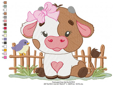 Adorable Farm Girl Cow in Front of Fence - Fill Stitch - Machine Embroidery Design