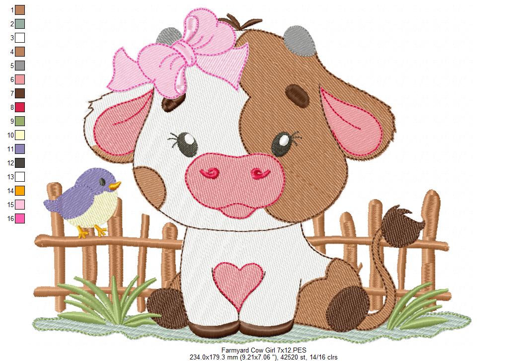 Adorable Farm Girl Cow in Front of Fence - Fill Stitch - Machine Embroidery Design
