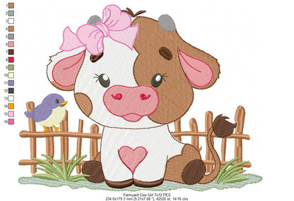 Adorable Farm Girl Cow in Front of Fence - Fill Stitch - Machine Embroidery Design