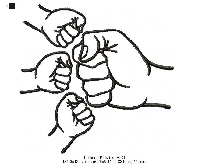 Family Hands Dad and 3 Kids - Fill Stitch - Machine Embroidery Design