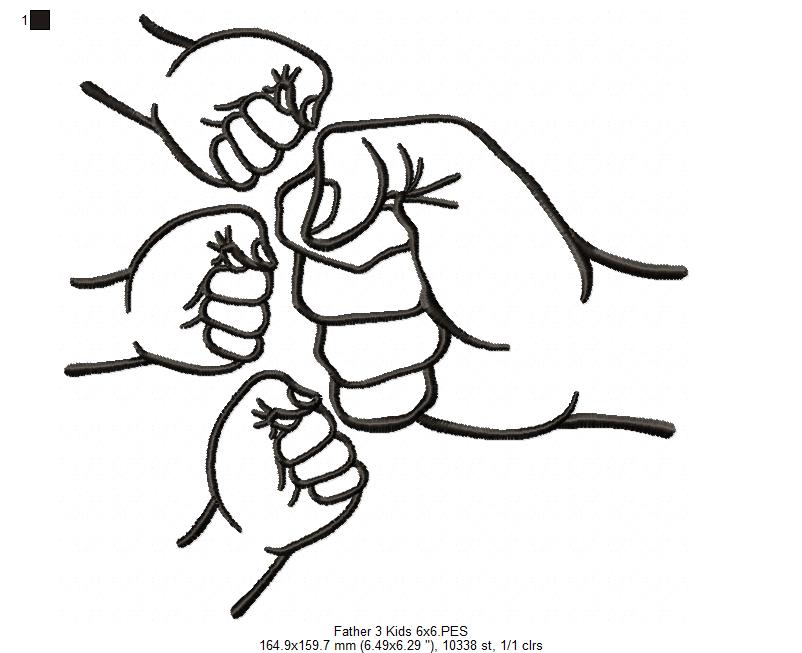 Family Hands Dad and 3 Kids - Fill Stitch - Machine Embroidery Design