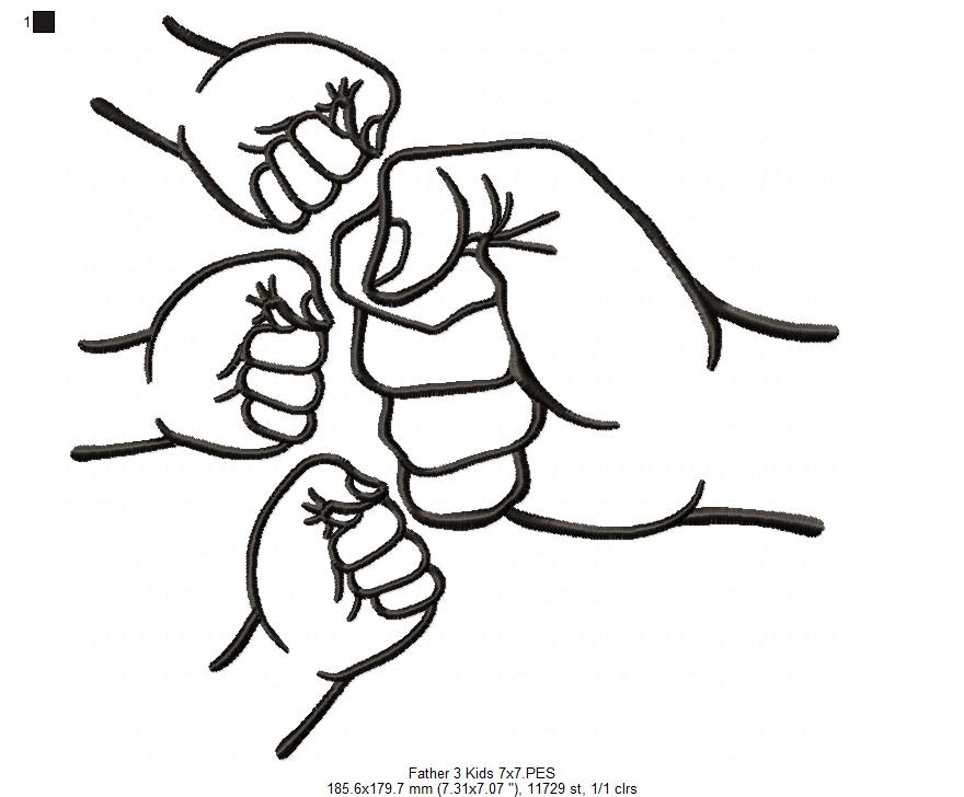 Family Hands Dad and 3 Kids - Fill Stitch - Machine Embroidery Design