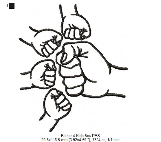 Family Hands Dad and 4 Kids - Fill Stitch - Machine Embroidery Design
